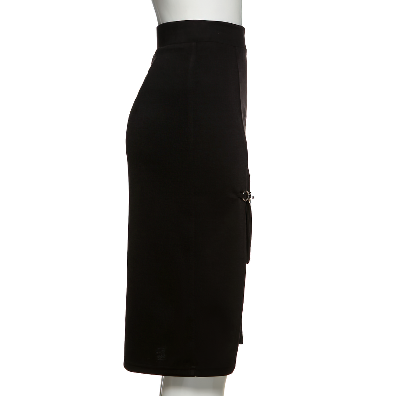 Gothic black knee-length women's high waist skirt with metal elements and hollow outs for a stylish edgy look.