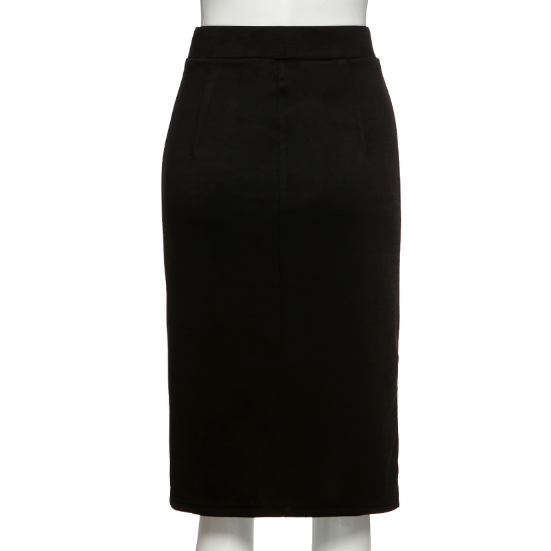 Gothic black knee-length women's skirt featuring a high waist and sleek silhouette with stylish hollow cutouts.