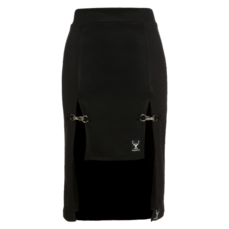 Gothic black knee-length women's skirt with sexy high waist and hollow outs for a trendy look.