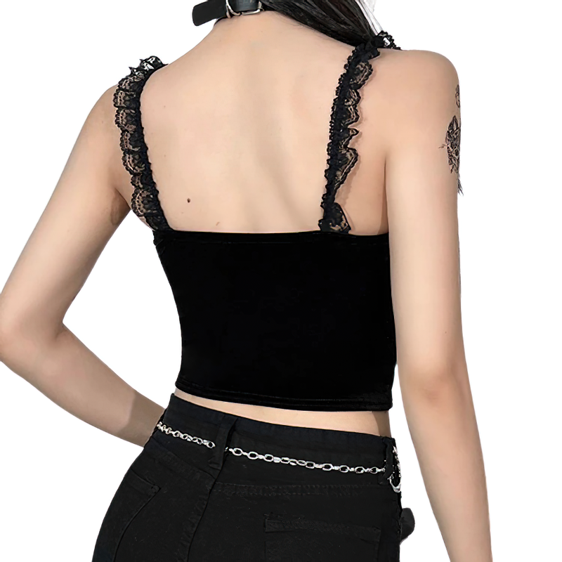 Gothic Black Lace Crop Tank Top For Women / Luxury Velvet Streetwear / Alternative Fashion - HARD'N'HEAVY
