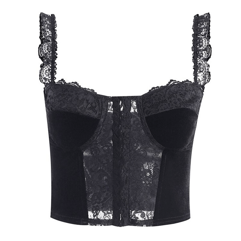 Gothic Black Lace Crop Tank Top For Women / Luxury Velvet Streetwear / Alternative Fashion