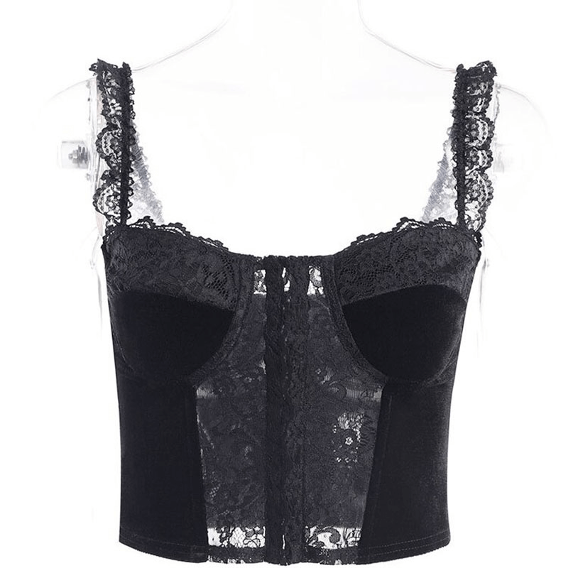 Gothic Black Lace Crop Tank Top For Women / Luxury Velvet Streetwear / Alternative Fashion