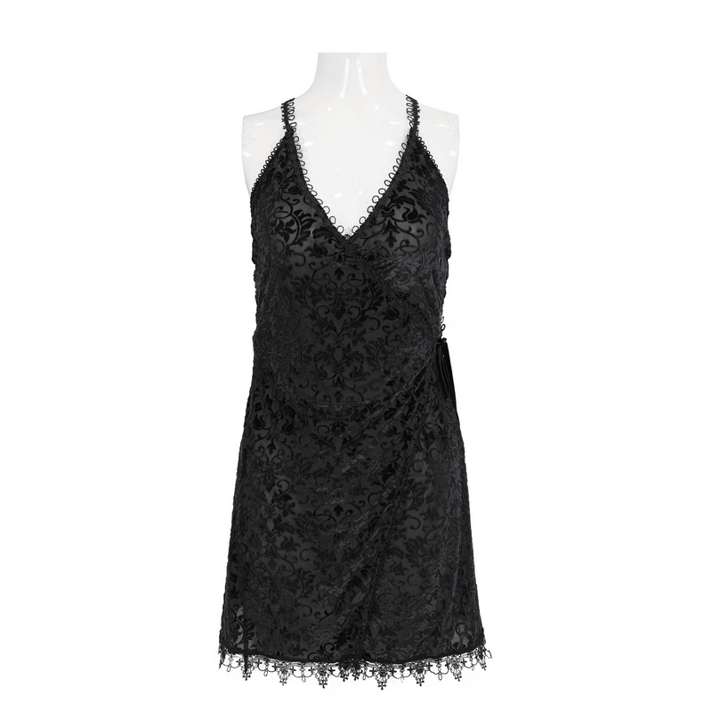 Gothic Black Lace Deep V-Neck Short Dress / Sexy Straps Nightdress With a Slit - HARD'N'HEAVY