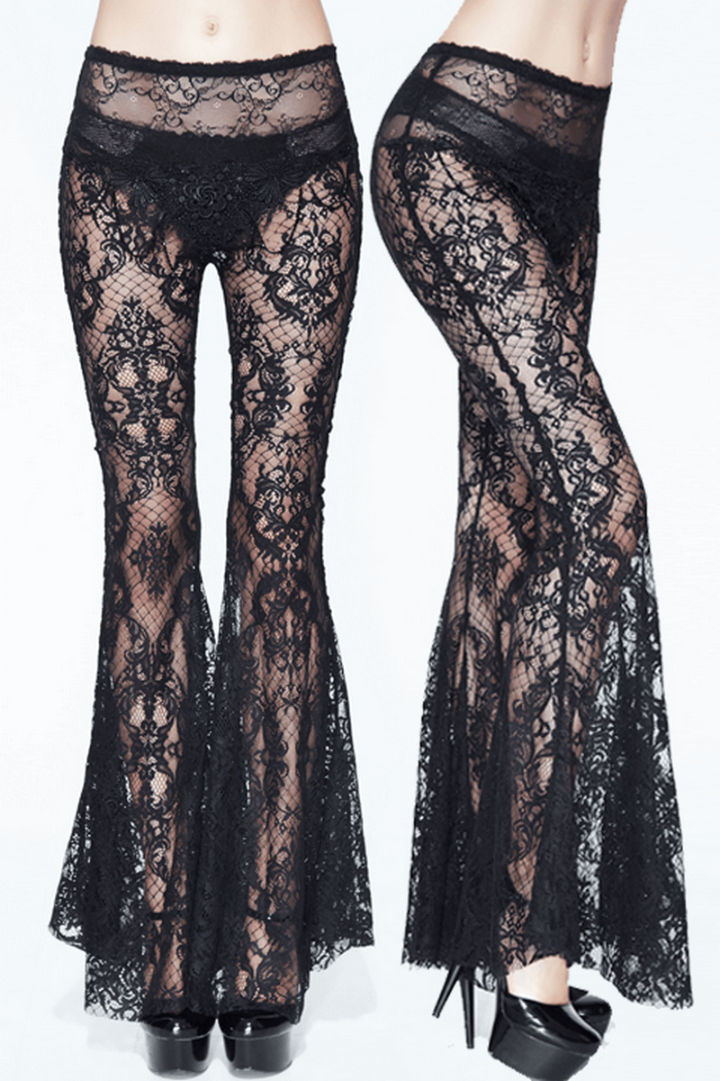 Gothic Black Lace Flare Pants / Sexy Transparent Women's Long Trousers - HARD'N'HEAVY