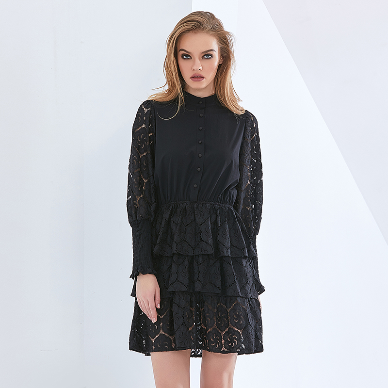 Gothic black lace party dress for women with elegant lantern sleeves and high waist design.