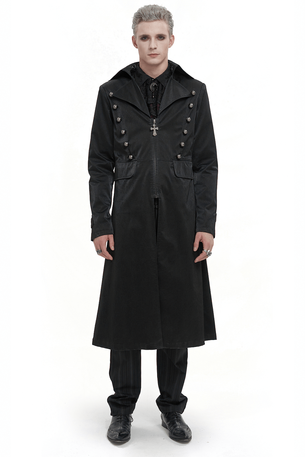Gothic black leather coat with pattern buttons, punk style, featuring a lapel collar and front zipper, perfect for gothic fashion.