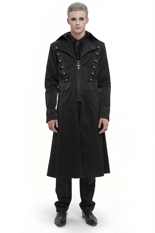 Gothic Black Leather Coat with Pattern Buttons / Punk Style Lapel Collar Zipper Long Coat