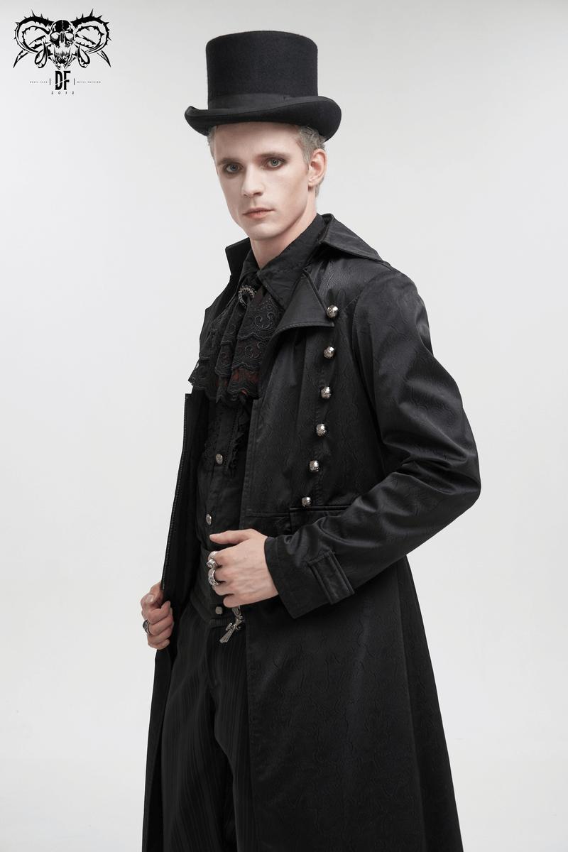 Stylish model in a gothic black leather coat with pattern buttons, punk lapel collar, top hat, exuding dark elegance.