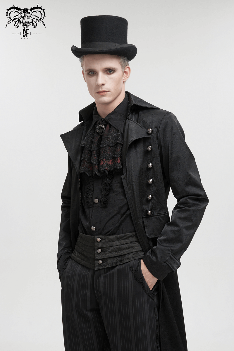Stylish model in a gothic black leather coat with pattern buttons and top hat, showcasing punk aesthetics.