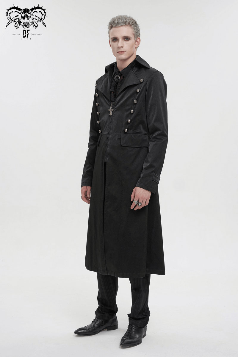 Gothic black leather coat with pattern buttons, styled in punk fashion, featuring a lapel collar and long cut.