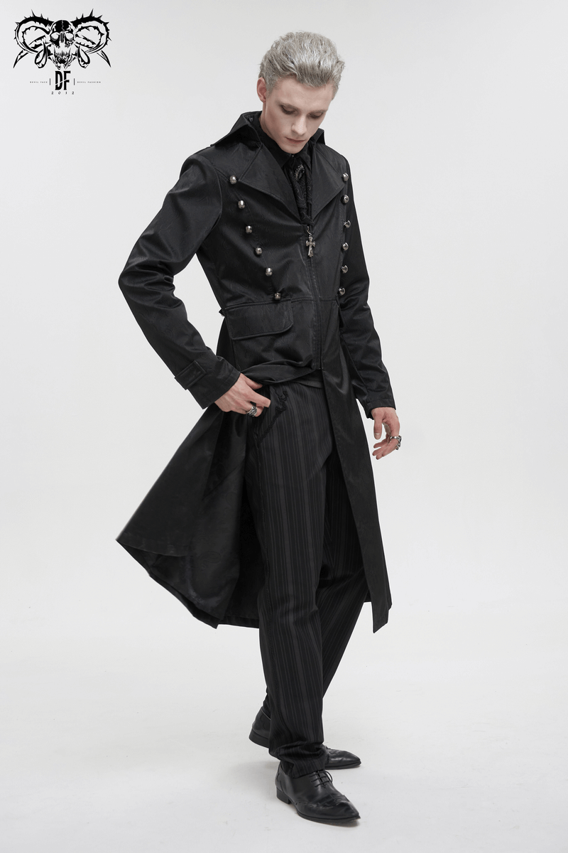 Model wearing a gothic black leather coat with pattern buttons and a stylish cut, perfect for a punk-inspired look.