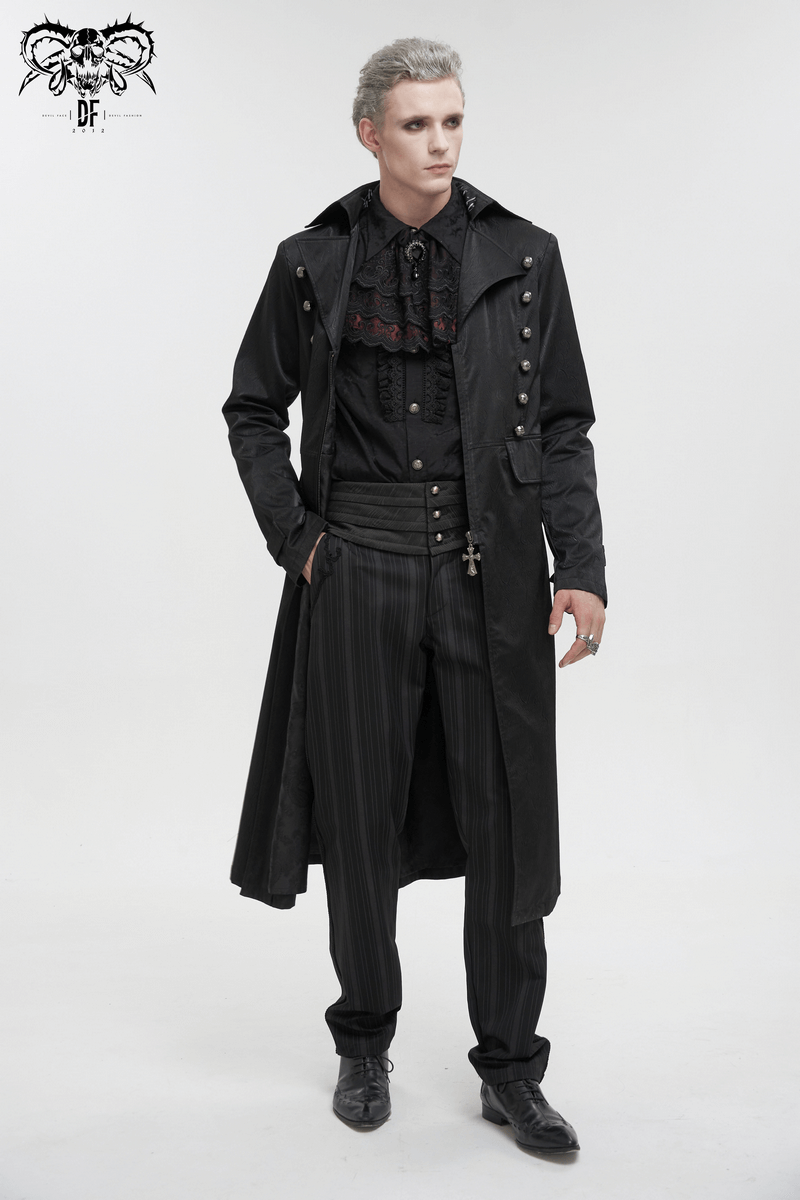 Man wearing a gothic black leather coat with pattern buttons, styled with elegant gothic attire.