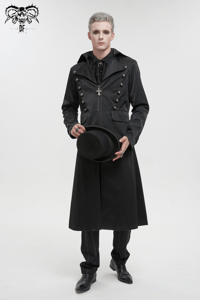 Gothic black leather coat with pattern buttons, punk-style lapel collar, and a stylish look.