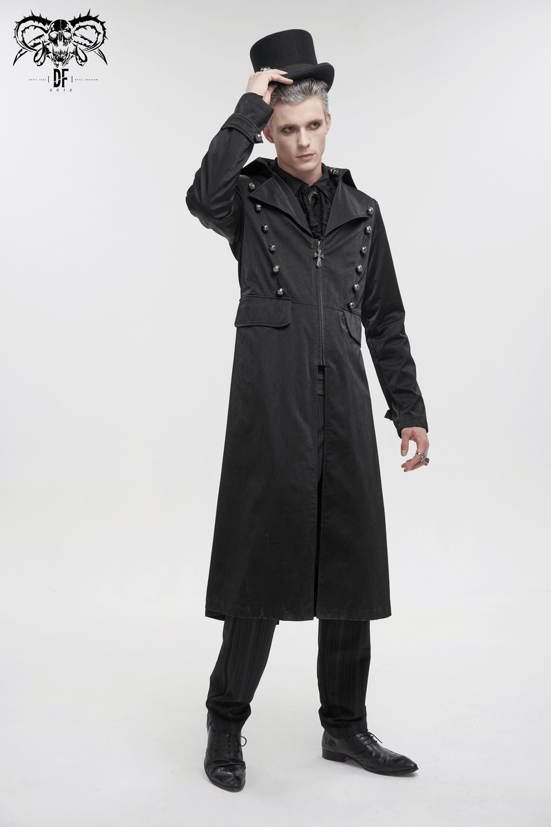 Gothic black leather coat with pattern buttons, punk style lapel collar, worn by model, showcasing edgy fashion.