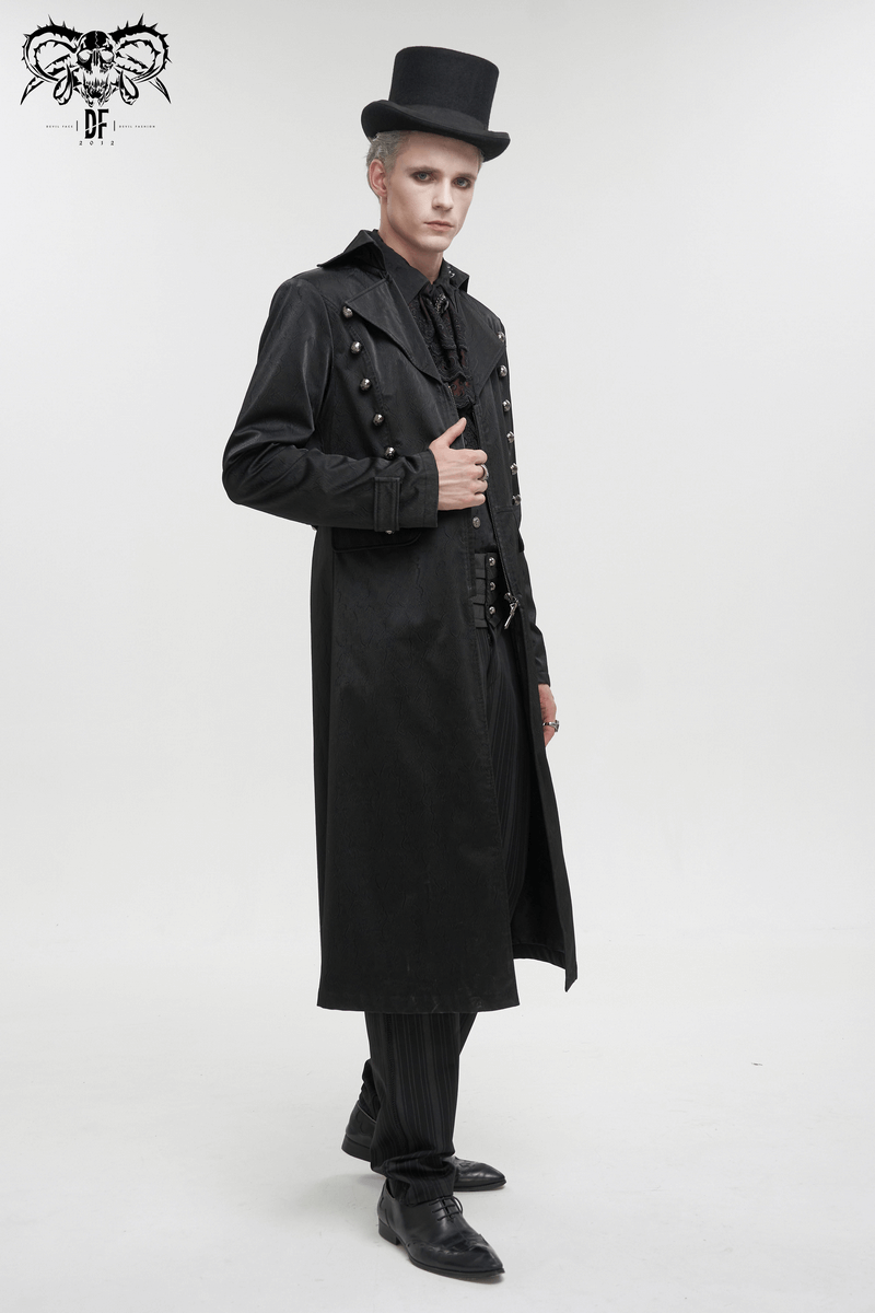 Stylish model showcasing a gothic black leather coat with pattern buttons and a punk lapel collar, topped with a black hat.