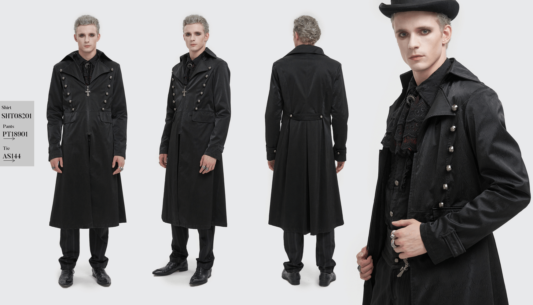 Stylish gothic black leather coat with pattern buttons, perfect for punk fashion lovers.