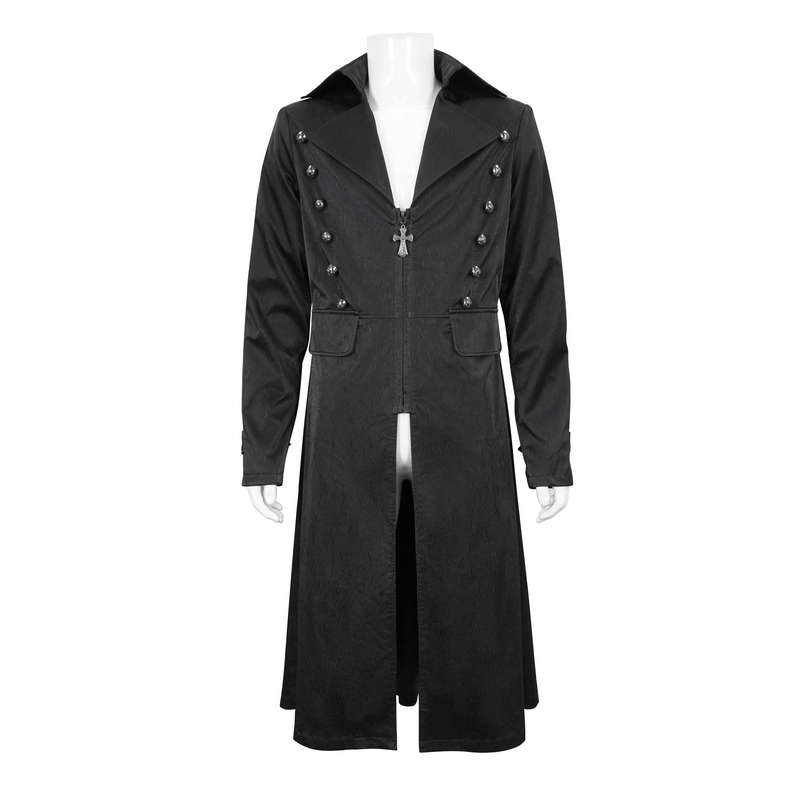 Gothic black leather coat with pattern buttons and lapel collar, perfect for punk style fashion.