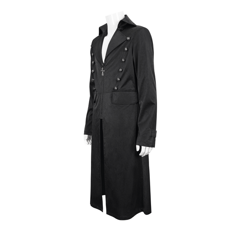 Gothic black leather coat with pattern buttons and lapel collar, perfect for a punk style look.