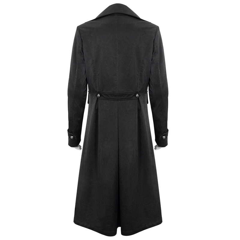 Back view of a stylish gothic black leather coat with elegant cut and patterned buttons.