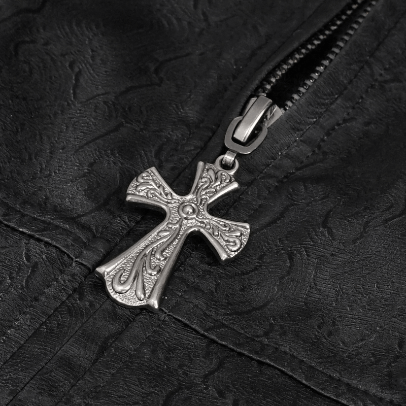 Close-up of a gothic black leather coat zipper featuring an ornate silver cross pull tab.