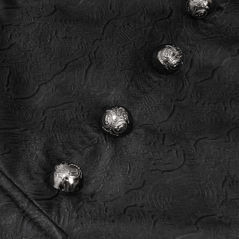 Close-up of gothic black leather coat featuring intricate pattern buttons, showcasing stylish detail and elegance.