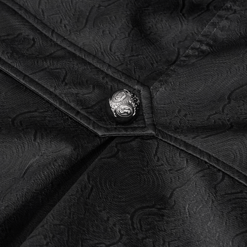 Close-up of pattern buttons on a gothic black leather coat, showcasing its unique texture and detailed craftsmanship.