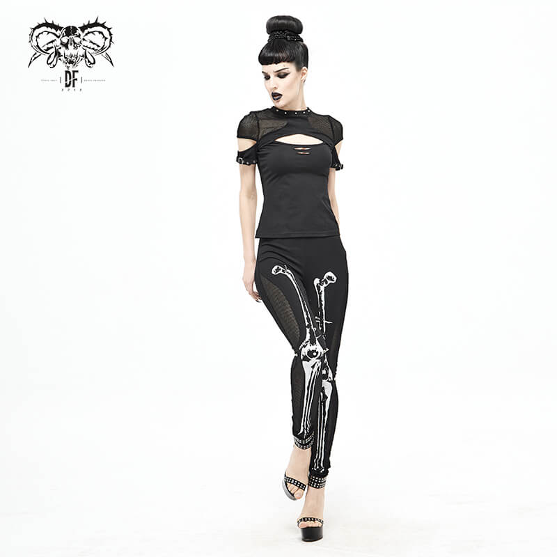 Gothic Black Leggings With Skeleton Pattern For Women / Steampunk Casual Cotton Pants - HARD'N'HEAVY