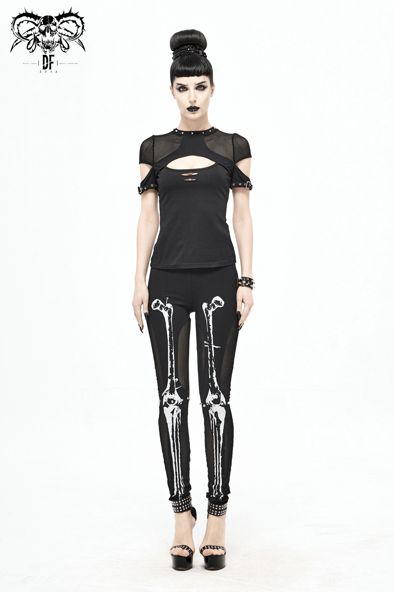 Gothic Black Leggings With Skeleton Pattern For Women / Steampunk Casual Cotton Pants - HARD'N'HEAVY
