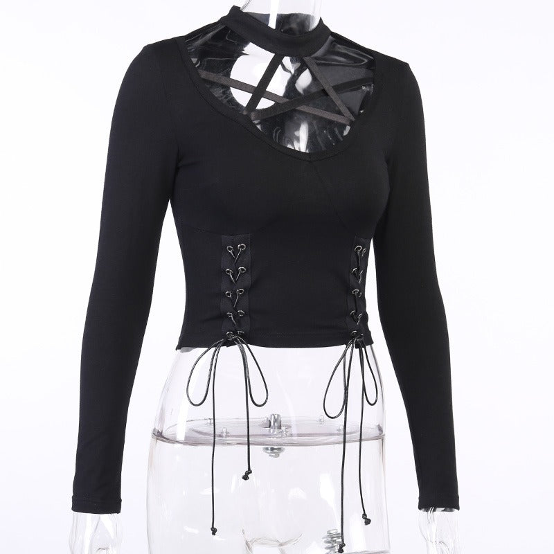 Gothic Black Long Sleeve Tops with Pentagram Hollow Out Halter / Sexy Autumn Slim Streetwear Tops - HARD'N'HEAVY