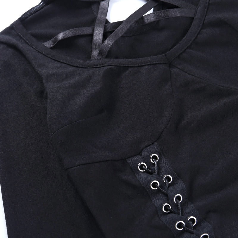 Gothic Black Long Sleeve Tops with Pentagram Hollow Out Halter / Sexy Autumn Slim Streetwear Tops - HARD'N'HEAVY