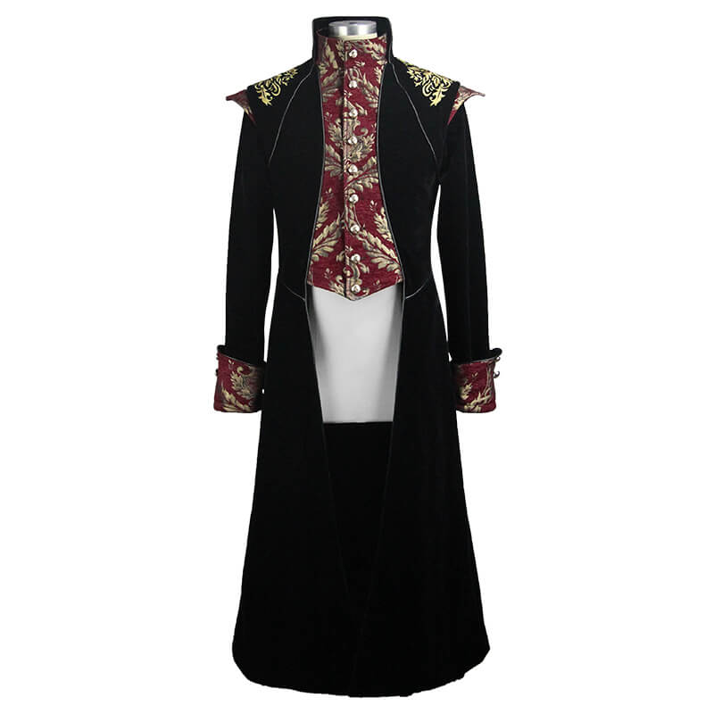 Gothic Black Long Tail Coat for Men / Male Coat with Vintage Pattern on Front - HARD'N'HEAVY