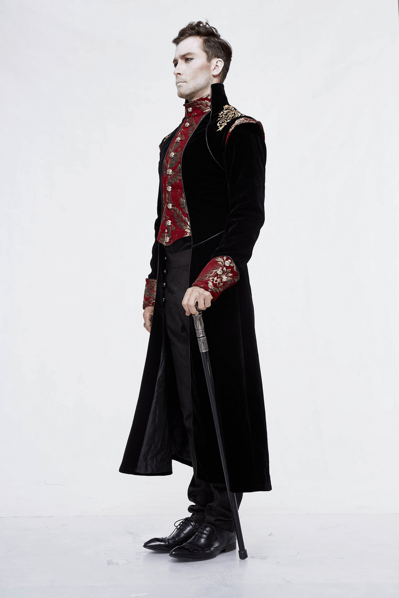 Gothic Black Long Tail Coat for Men / Male Coat with Vintage Pattern on Front - HARD'N'HEAVY