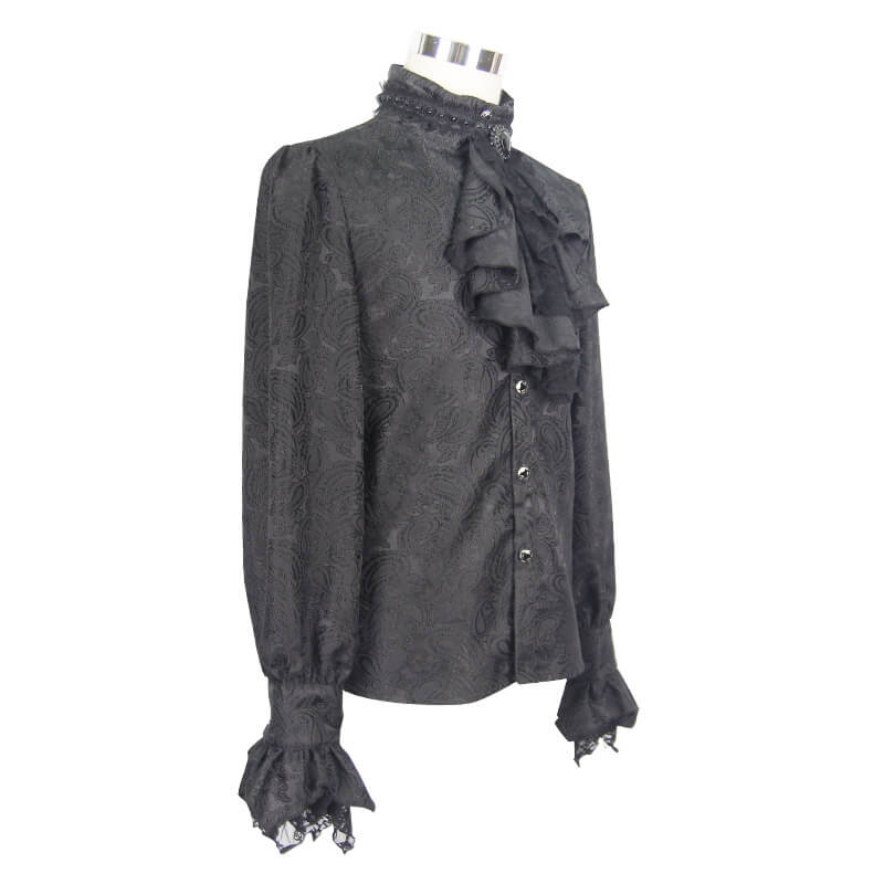 Gothic Black Men's Shirt With Tie Collar / Steampunk Male Long Sleeves Shirt - HARD'N'HEAVY