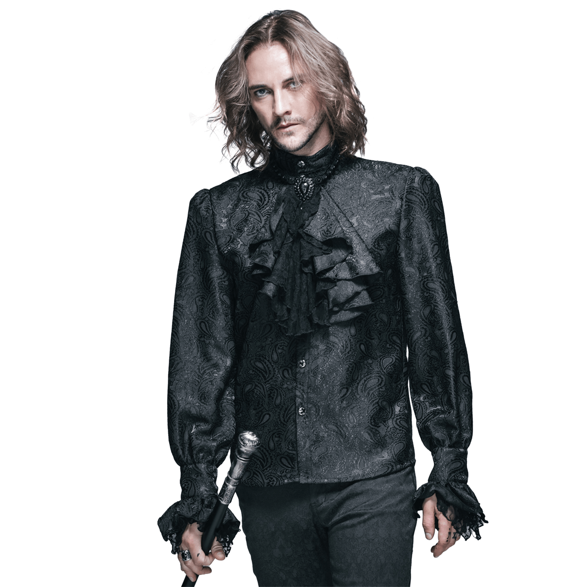 Gothic Black Men's Shirt With Tie Collar / Steampunk Male Long Sleeves Shirt - HARD'N'HEAVY