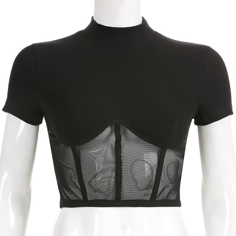 Gothic black mesh crop top with short sleeves, form-fitting design for a punk aesthetic look.