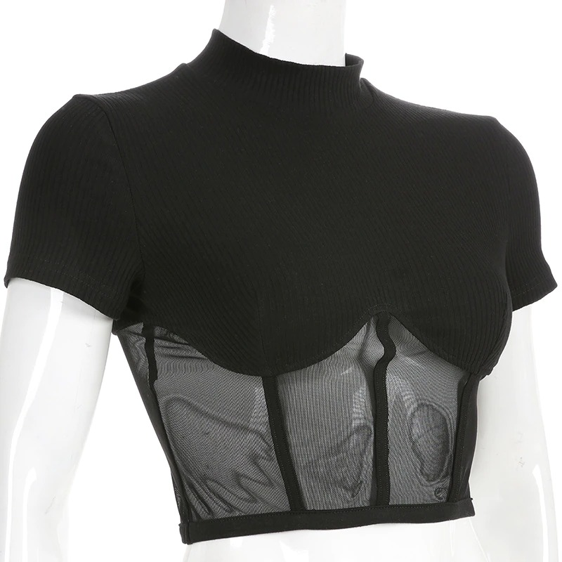 Gothic black mesh crop top for women, short sleeve, form-fitting design, perfect for punk aesthetic fashion.
