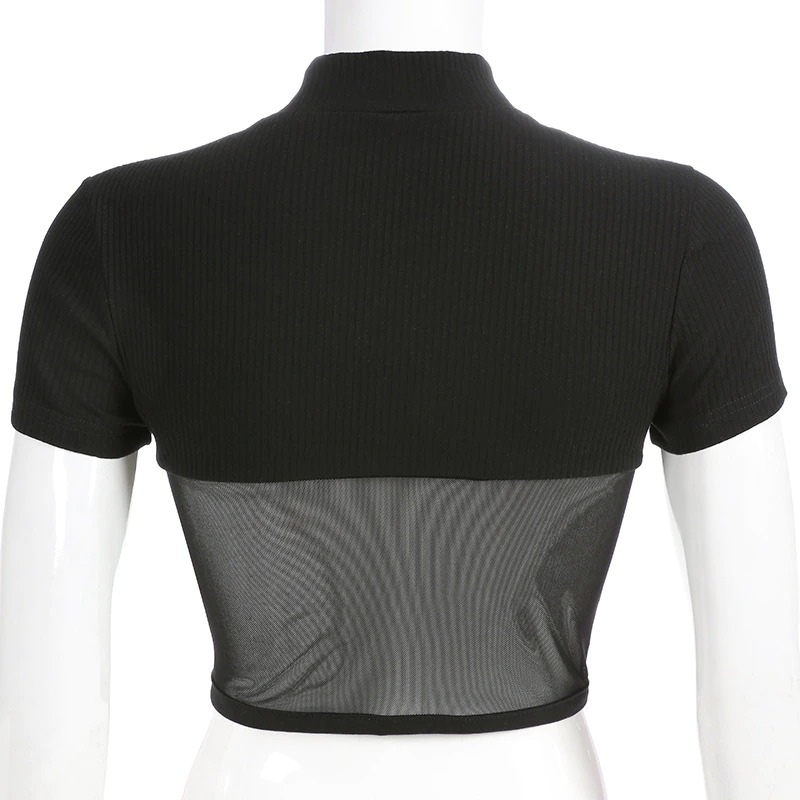 Stylish gothic black mesh crop top with short sleeves, showcasing a trendy back design, perfect for punk aesthetic outfits.