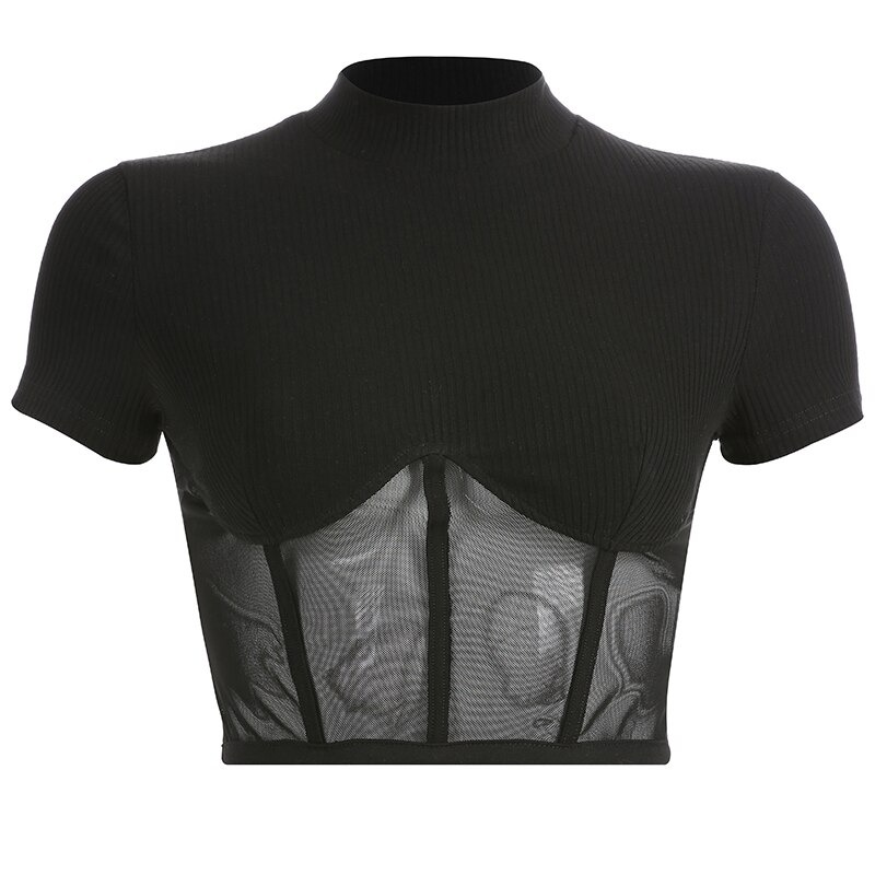 Stylish gothic black mesh crop top for women, featuring a modern design and form-fitting cut, ideal for punk aesthetic fashion.