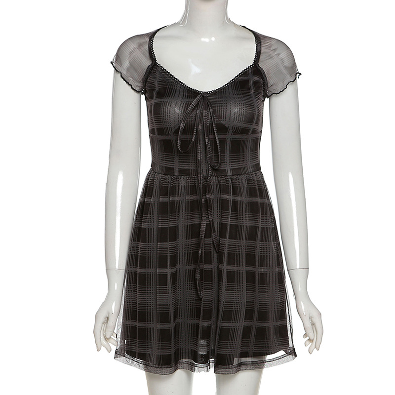 Gothic Black Mini Dress with Print / Vintage Sexy Lace Up Dress Short Sleeve - HARD'N'HEAVY