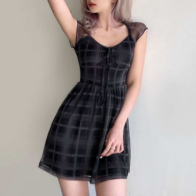 Gothic Black Mini Dress with Print / Vintage Sexy Lace Up Dress Short Sleeve - HARD'N'HEAVY
