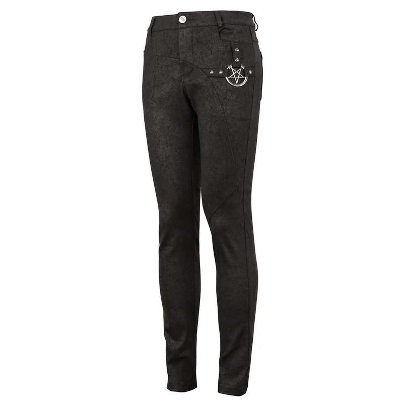 Gothic black slim pants for men with metal pentagram detail on side, perfect for punk fashion outfits.