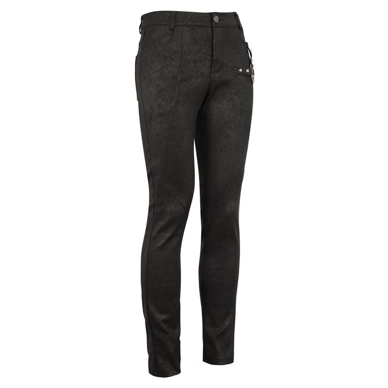 Gothic black slim pants with metal pentagram detail for punk style outfits.