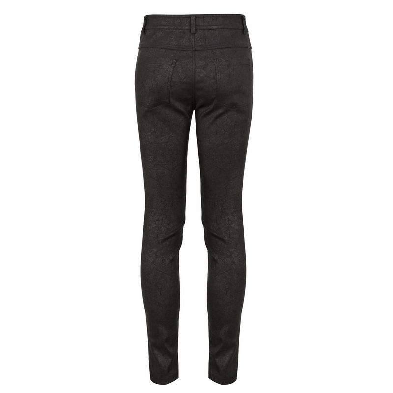 Back view of men's gothic black slim pants with metal pentagram for punk fashion.