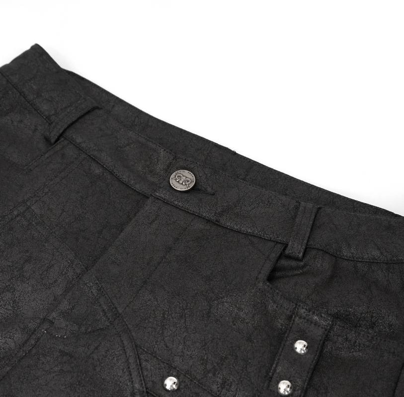 Close-up of Gothic black pants waistband with metal button and detailing, perfect for punk fashion enthusiasts.