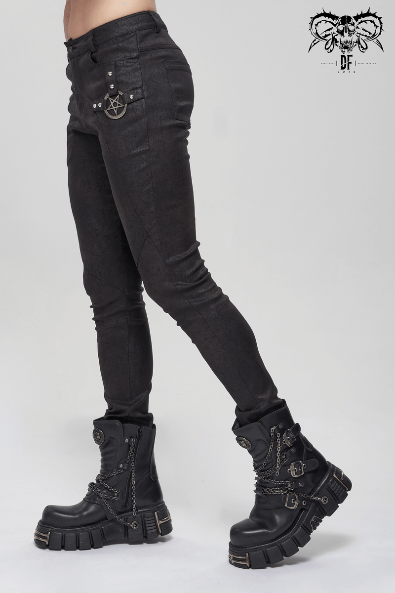 Men's gothic black slim pants with metal pentagram and punk-style boots for edgy fashion.