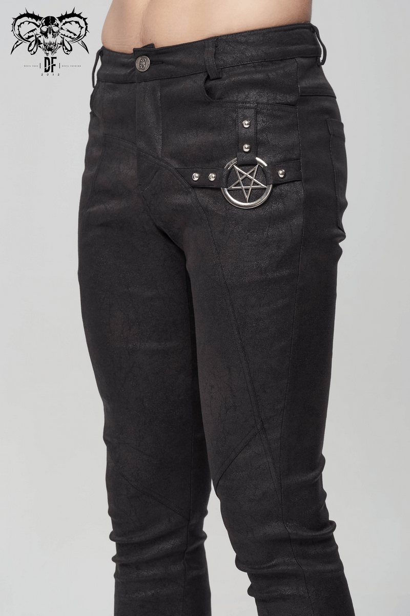 Gothic Black Pants with Metal Pentagram on Side / Punk Slim Male Pants / Fashion Outfits