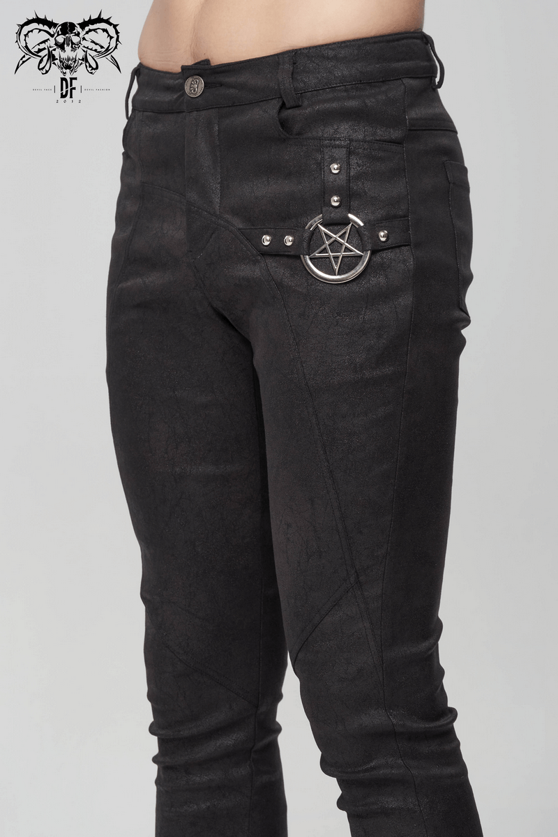 Men's black slim pants featuring a metal pentagram detail for a punk fashion look.
