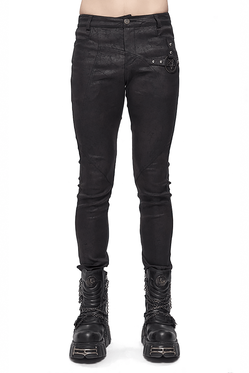 Gothic black slim pants with metal pentagram detail, perfect for punk fashion outfits and stylish looks.