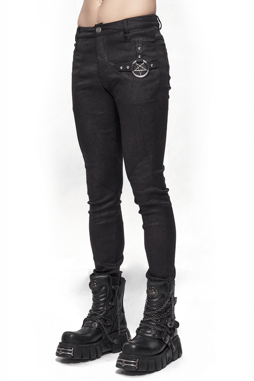 Schwarze Gothic-Hose mit Metall-Pentagramm an der Seite / schlanke Punk-Herrenhose / modische Outfits