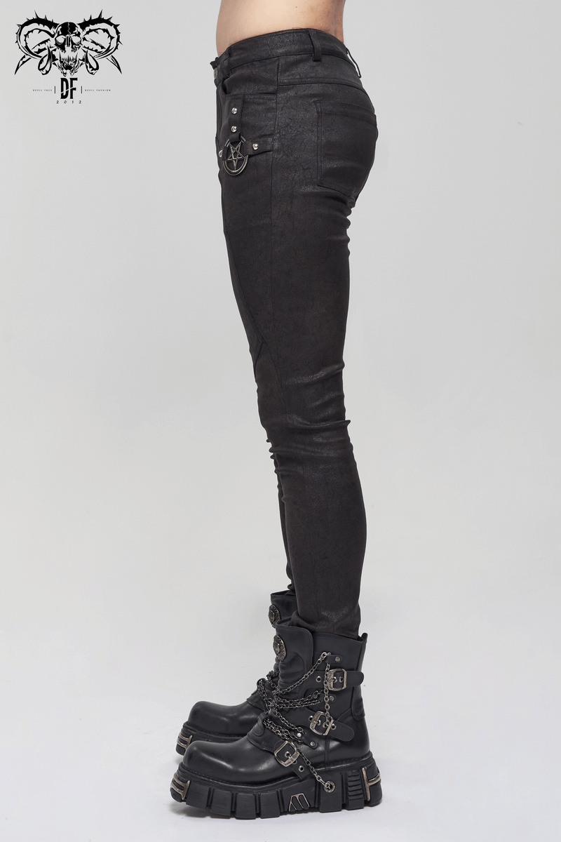 Stylish men's black slim pants with metal pentagram details, paired with edgy platform boots, perfect for punk fashion lovers.